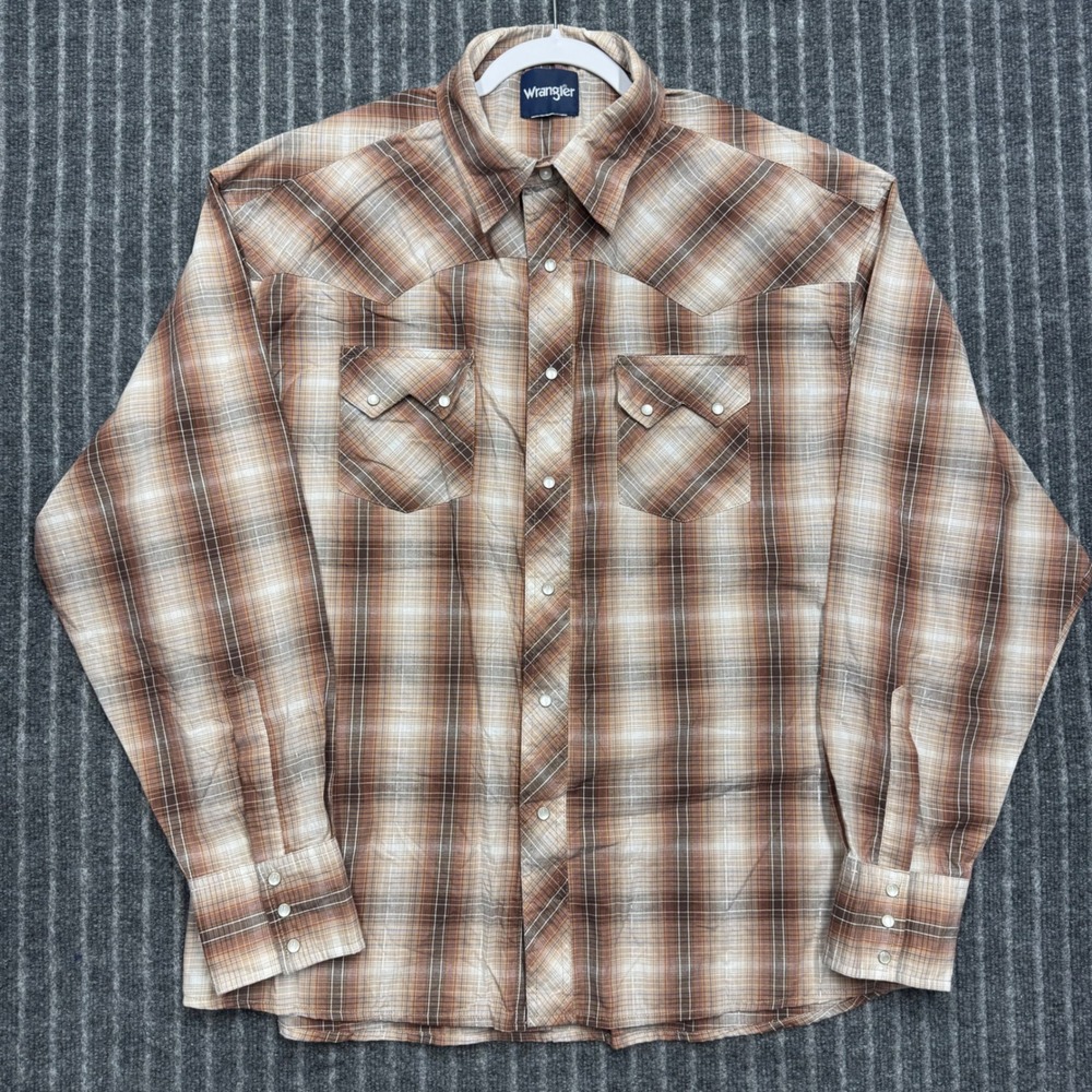 Wrangler Mens Western Pearl Snap Shirt Large Brown Plaid Long Sleeve Cowboy Yoke